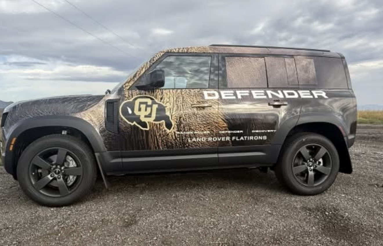 University of Colorado Buffaloes camo wrapped Land Rover Defender