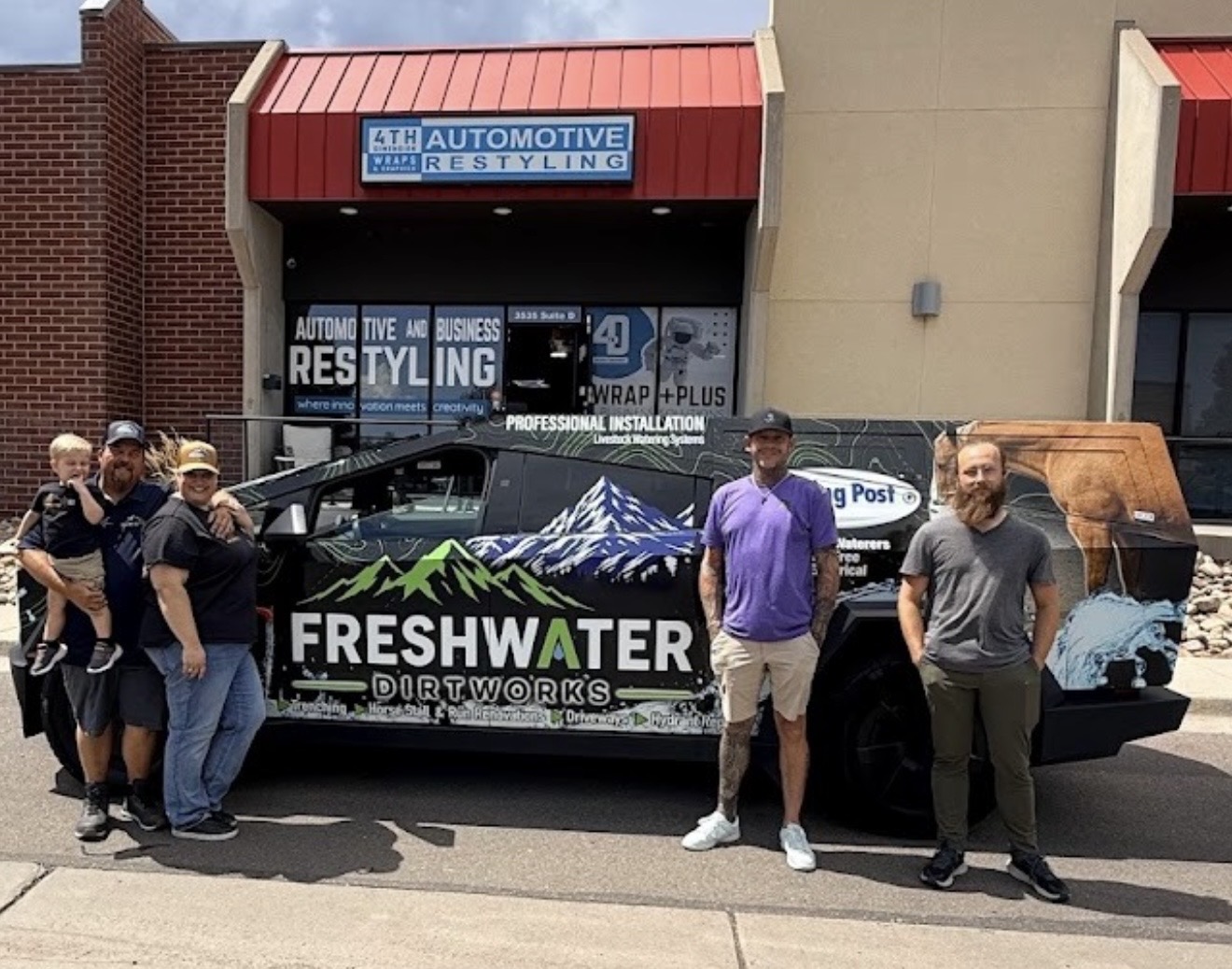 4th Dimension Wraps & Graphics shop front in Englewood with a completed Cybertruck wrap